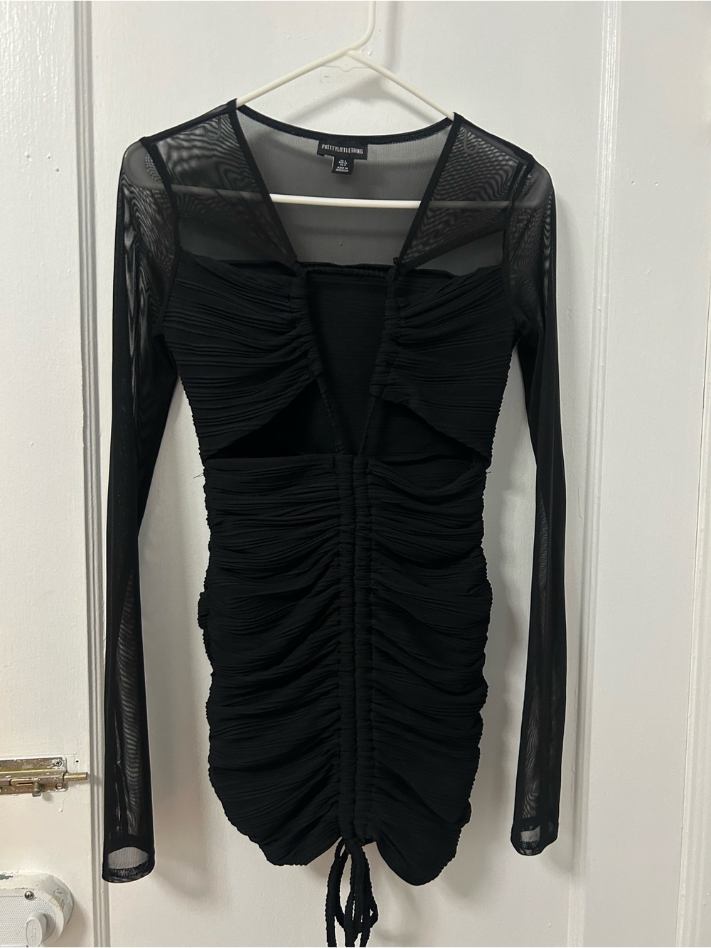 PrettyLittleThing Black Ruched Mesh Long Sleeve Mini Dress